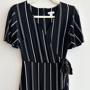 xhilaration Black and White Striped V-Neck Wrap Mini Dress, Size Small